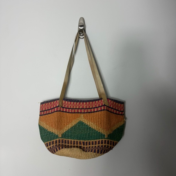 Vintage Handbags - Vintage Straw Multicolor Woven Bag Leather Handle Purse